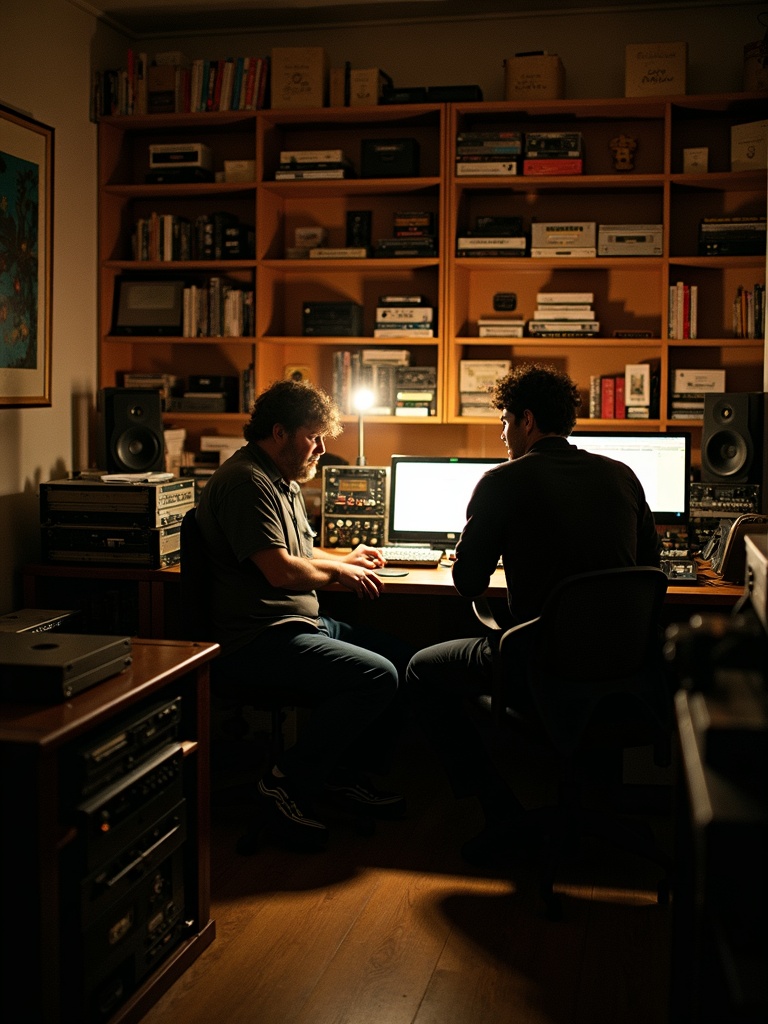 Interior of a small Melbourne sample-label studio with tape archive boxes and analog gear