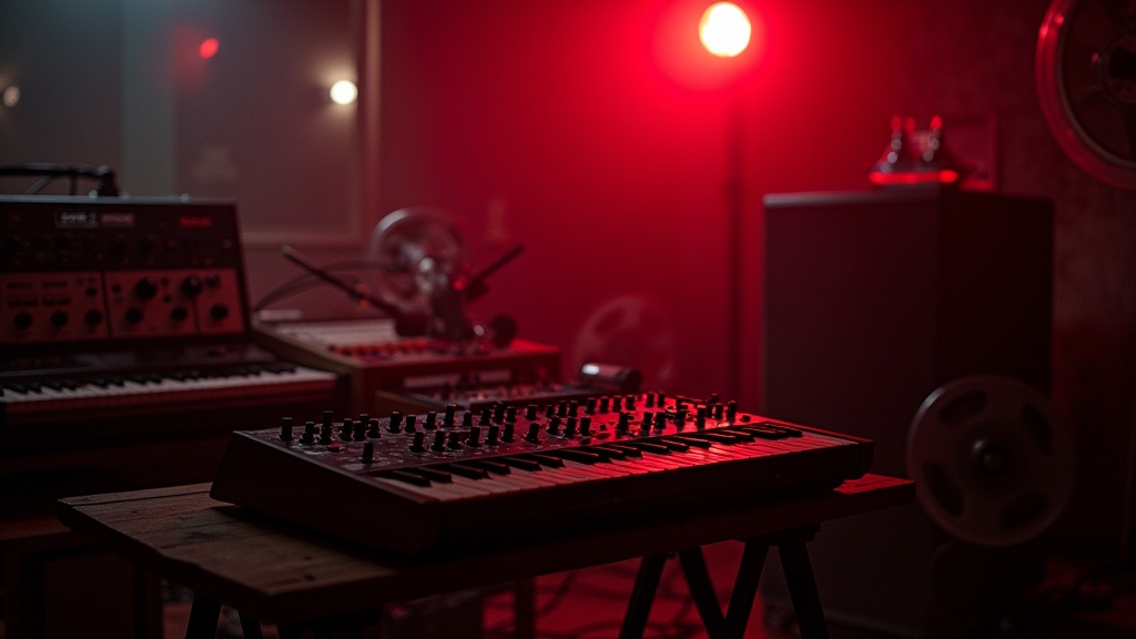 Dim Melbourne basement studio at night with vintage tape machine and drum machine