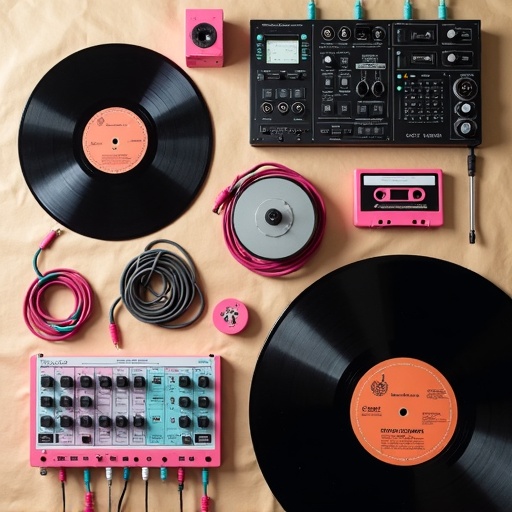Flat-lay of cassettes, vinyl records, patch cables and a sampler keypad